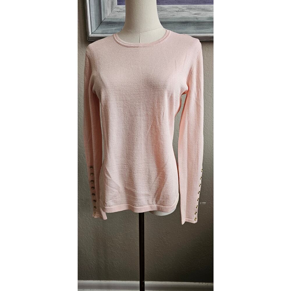 J. McLaughlin Pale Pink Button-Cuff Crewneck Sweater